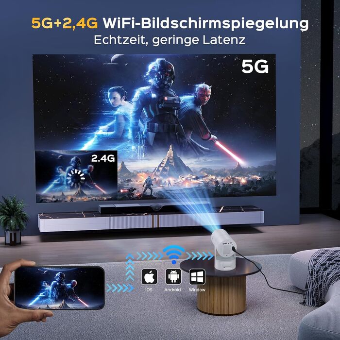 Aubor Mentech Mini Beamer 4K: Портативний проєктор для дому з Wi-Fi 6, BT 5.2 та Android OS, Auto Keystone, 180° та підтримкою HDMI.
