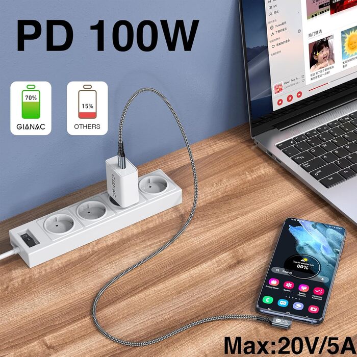 Кабель USB-C на USB-C 3м, 100W, 90° з E-Mark для Macbook, iPad, Samsung, Huawei