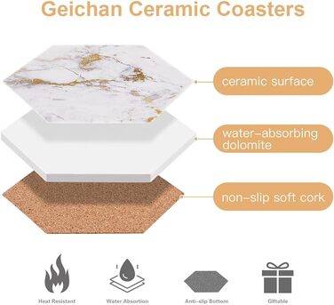 Marble-Style Coasters, Set of 6 - Drink Coasters for Wood Table with Metal Holder - Golden Ceramic Cup Set - Rustic Home Decor, Room Decor, Party