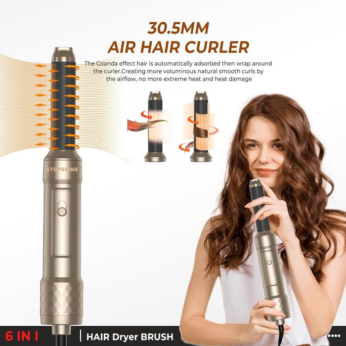 Atopskins Airstyler: Набір для укладки волосся 6-в-1 (фен-щітка, плойка, випрямляч), Золотий