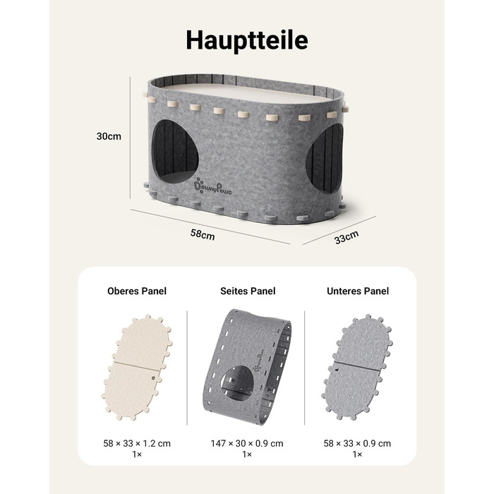 Будиночок для котів з фетру, лежанка для котів, будиночок-печеричка, 58 x 33 x 30 см, ігровий, зимовий, захист кігтів, сірий (один)