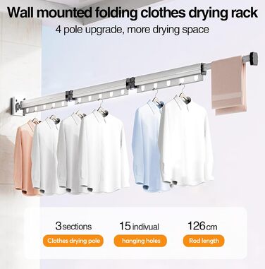 Висувна сушарка для одягу, 3-секційна, настінна штанга для одягу 126 см, економна, складана сушарка з гачками, для балкону, прання, ванної кімнати, білий, молочно-білий