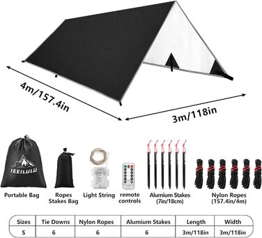 IEEILULU Waterproof Tarp - Camping Tent Footprint - 3x3m/3x4m/3x5m - Ultralight with Stakes, Ropes, and LED Light - for Camping, Outdoor, Hiking, and Hammock Use