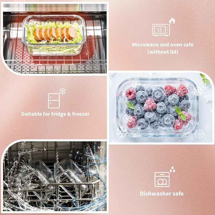 Набір контейнерів для зберігання їжі з боросилікатного скла з кришкою, BPA-free, не протікають, для мікрохвильової печі, духової шафи, посудомийної машини, для приготування їжі на тиждень (Meal Prep) – рожевий (SA1637)