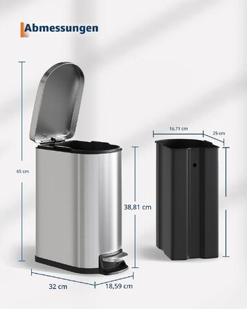 Набір металевих смітників GarveeHome (50л + 10л) з педаллю та кришкою, кухонне відро зі сталі з внутрішнім контейнером, колір нержавіюча сталь
