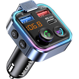FM трансмітер LENCENT Bluetooth 5.3 з Type-C PD 30W + QC3.0, бездротовий адаптер для авто, MP3-плеєр, гучний зв'язок, USB зарядка 48W, підтримка U-диска, кольорове підсвічування