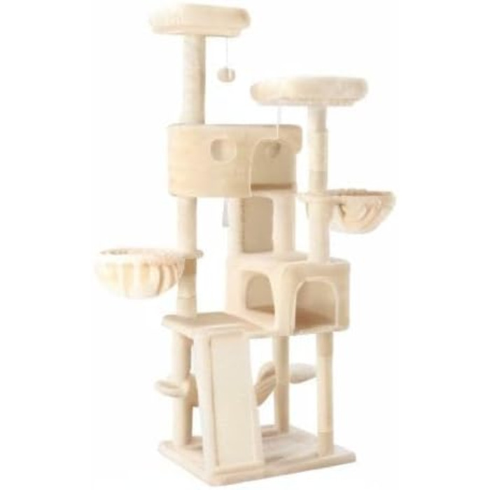 Кігтеточка MUTICOR 168 см з декількома рівнями, для великих котів, з м'якими лежаками, сизалевим покриттям, гамаком та кошиками, будиночком, широкою основою (Бежевий)