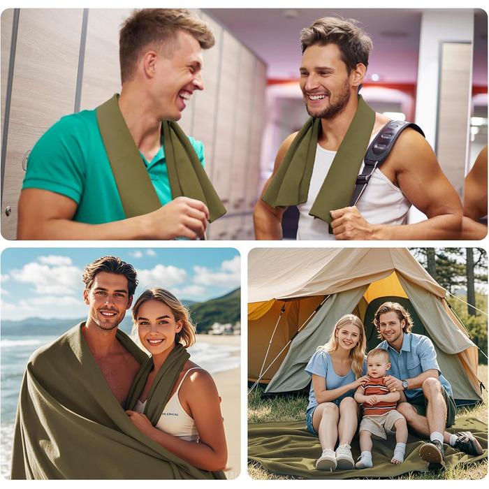 Набір з 3 рушників з мікрофібри (великий 160x80 см та 2 маленькі 80x40 см), швидковисихаючі рушники для фітнесу та спорту, для пляжу, ванни, спорту та подорожей (армійний зелений)