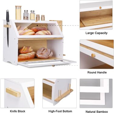 Leader Accessories Бамбуковий хлібний ящик з 2 ярусами, з дощечкою для нарізання, харчовий, легкий у догляді, 50x25x37 см, білий