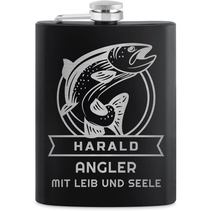 Набір Maverton Flachmann Set: фляга 200 мл з гравіюванням + 4 стаканчики 20 мл з воронкою, чорний матовий, з зображенням риби