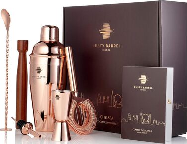 Rusty Barrel Roségold Cocktail Shaker Set - Premium Stainless Steel Bar Set with Shaker, Muddler, Strainer, Jigger, Spout, Spoon, Recipe Book & Gift Box
