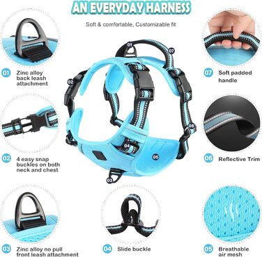 Нашийник для собак No-Pull, м'який, дихаючий, регульований, зі світловідбиваючими елементами, анти-тяга, з ручкою, зелений (XL, блакитний)