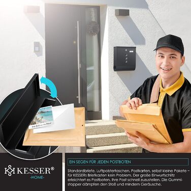 Поштова скринька KESSER® з газетним відділенням, іменним шильдиком, оглядовим вікном, нержавіюча сталь, чорний матовий, 3 ключі, настінний монтаж, велика, з матеріалом для кріплення