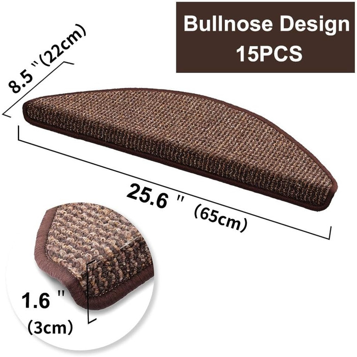 Anti-Slip Stair Treads - 15 Piece Set - 22x65 cm - Adhesive, Non-Slip Carpet for Wooden Stairs - Beige-Brown