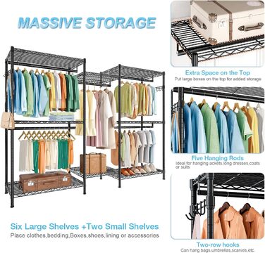 Металева стійка для одягу з гачками, вантажопідйомність до 376 кг, 187 x 44 x 194 см, чорна
