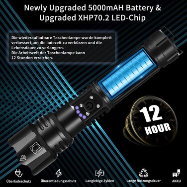 LED ліхтарик на акумуляторі, надзвичайно яскравий 1200000 люмен, з функцією зуму, тактичний, з 5 режимами, водонепроникний IP67, для кемпінгу, риболовлі, туризму, активного відпочинку та надзвичайних ситуацій (P70-kit)