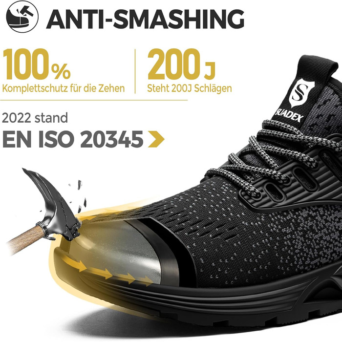 Зручні робочі черевики SUADEX з металевим носком для чоловіків та жінок, дихаючі, розміри 37-48 EU, чорний