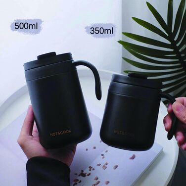 Термокружка з нержавіючої сталі 500 мл з кришкою та ручкою, подвійні стінки, вакуумна ізоляція, для подорожей та кемпінгу (Чорний)