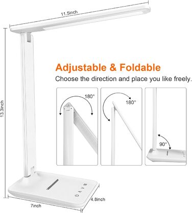 Стійка лампа Jumoking LED з регулюванням яскравості та захистом очей, USB-порт, сенсорне керування, 5 кольорів та 5 рівнів яскравості, для дітей, спальні, читання, офісу (біла)