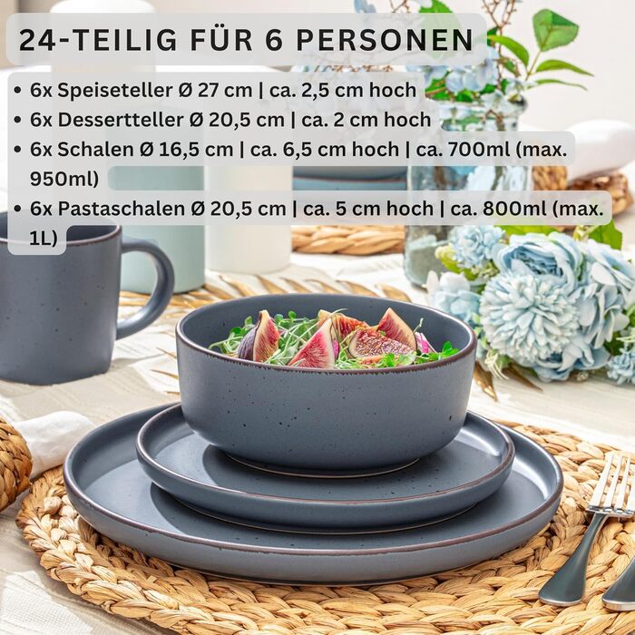 Набір посуду SÄNGER Kombiservice 30 частин, керамічний сервіз на 6 осіб: 6 тарілок для їжі, 6 десертних тарілок, 6 чашок, 6 тарілок для пасти, 6 кавових чашок. Сучасний набір посуду VALUE COLLECTION (Bombay Graphit)