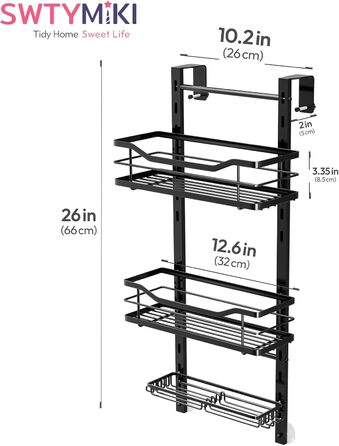 SWTYMIKI Adjustable Hanging Shower Shelf - No Drilling Shower Shelf for Glass Door, Stainless Steel Shower Shelf with Hooks and Soap Holder, Shampoo Holder for Shower, Black