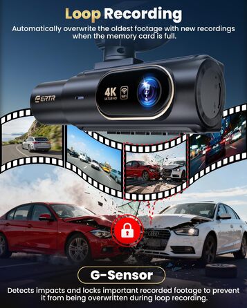 3-канальний 4K відеореєстратор для авто з камерою заднього виду, Wi-Fi, G-сенсором та нічною зйомкою, 4K+1080P+1080P, 64GB SD-карта в комплекті