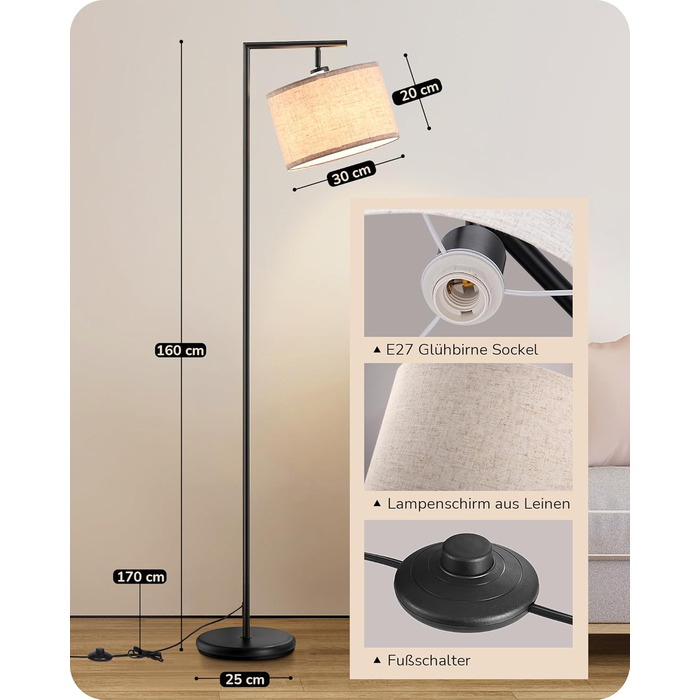 Стельова лампа EDISHINE для вітальні 160 см, аркова лампа сучасний дизайн з регульованим абажуром з льону, LED E27, чорний колір, для спальні, дитячої кімнати