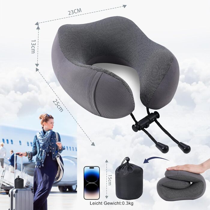 Подушка для шиї у подорожах: м'яка піна пам'яті, бавовна, U-подібна форма, з чохлом, для автомобіля, літака, офісу (сіра)