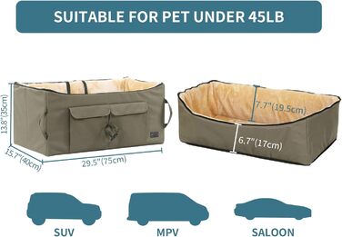 Автокрісло для собак Petsfit: зручне автокрісло для середніх та 2 маленьких собак, з миючим матеріалом, ременями безпеки та кишенькою для зберігання (L, Коричневий)