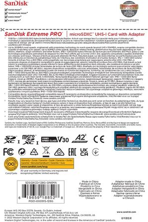 Карта пам'яті SanDisk Extreme PRO microSDXC UHS-I 128 GB з адаптером та RescuePRO Deluxe (A2, Class 10, V30, U3, до 200 МБ/с) для смартфонів, екшн-камер та дронів, чорна