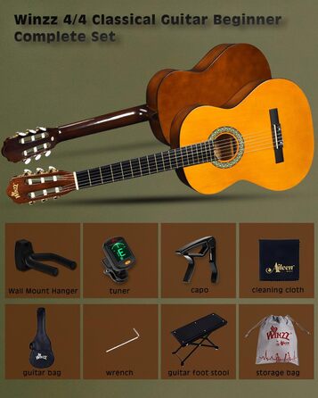 Кітара класична Winzz 4/4 для дорослих та дітей (від 11 років), набір для початківців, чорний глянцевий, 39 дюймів