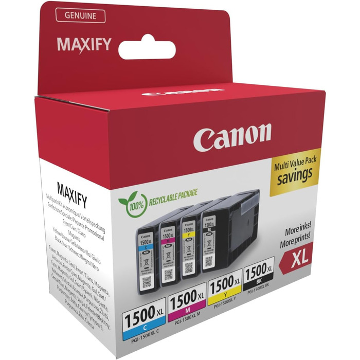 Комплект картриджів Canon PGI-1500 XL (Чорний, Блакитний, Пурпуровий, Жовтий) — набір з 4-х чорнильних картриджів підвищеної ємності