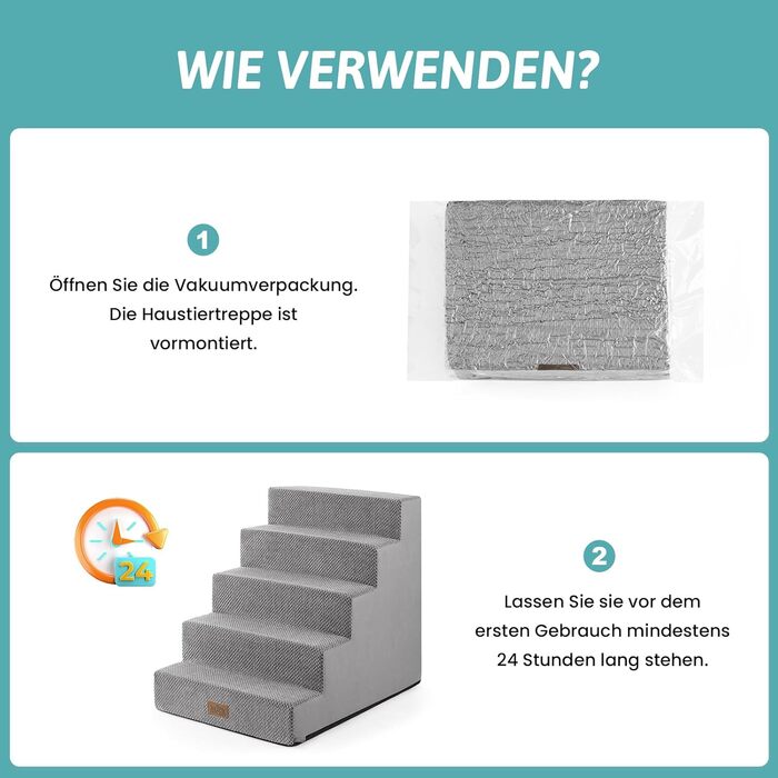 COZY KISS Dog Stairs for Small Dogs, 5 Steps Wide Pet Stairs for Bed Couch Car, 60cm High High-Density Foam Cat Stairs with Removable Cover (Gray, 75x50x60cm, 5)