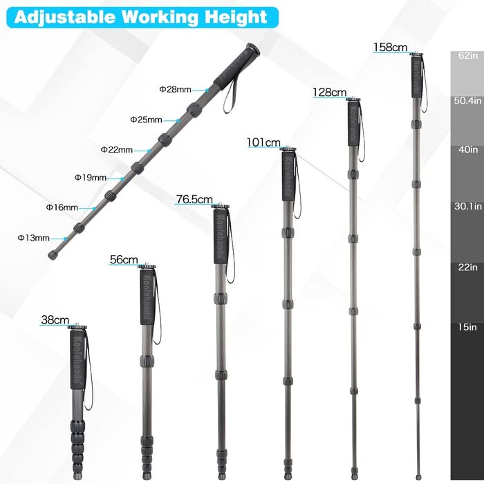 Штатив Koolehaoda MP286C з вуглецевого волокна, 6-секційний, компактний, до 10 кг