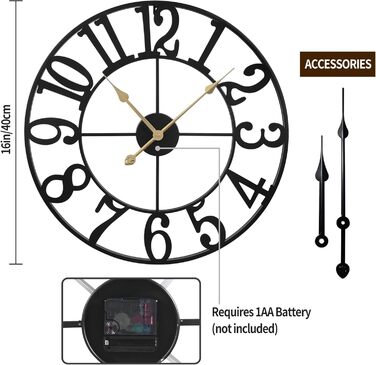 Maxstar Modern Roman Numeral Large Wall Clocks, Non-Ticking Round Metal Silent Vintage Wall Clock for Living Room, Kitchen, Bedroom, Garden Decor - Gold (Black Arabic, 40CM)