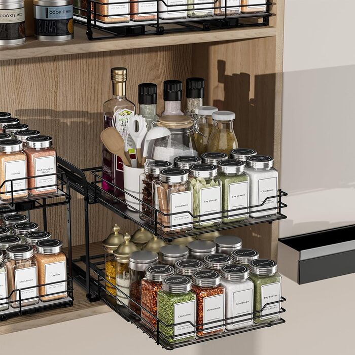 Висувна полиця для спецій у шафу, 2 яруси, регульована висота, чорний колір, органайзер для спецій, органайзер для кухні, розмір 23.8x26.4x23 см