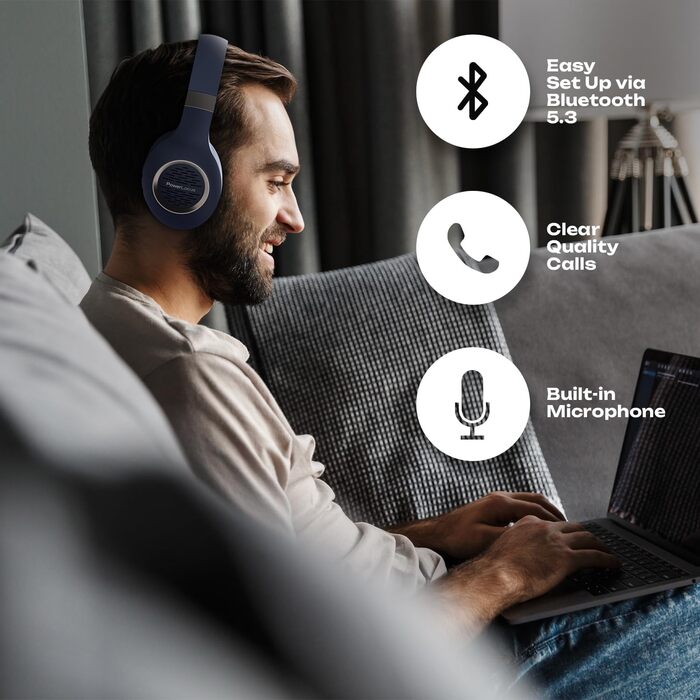PowerLocus Bluetooth навушники Over-Ear: бездротові, складні, з мікрофоном, Hi-Fi стерео, глибокий бас, для телефону, планшета, ПК (блакитні)