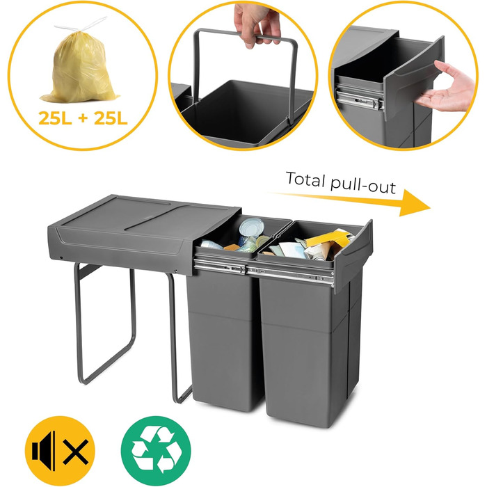 Відро для сміття на кухню Emuca з нижнім кріпленням, 2 висувні контейнери по 20 л, загальний об'єм 40 л (2 x 20 л), сталь та пластик, сірий (антрацитовий сірий).