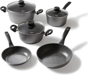 STONELINE Cookware Set Induction, 8-piece cookware set with lids, saucepan set coated with real stone particles, aluminum cast cookware and frying pans suitable for all types of cooktops