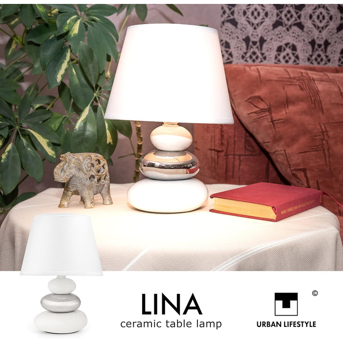 Нічна лампа 'Ліна' - керамічна настільна лампа з абажуром з тканини, сумісна з LED, цоколь E14, 230V, для вікна, дивана, підвіконня (білий/сріблястий)