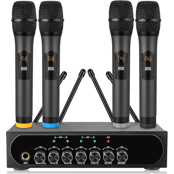 LiNKFOR UHF мікрофонний комплект з 4-ма ручними мікрофонами, 50 каналів, Bluetooth, AUX - для DJ, співу, церкви, весіль