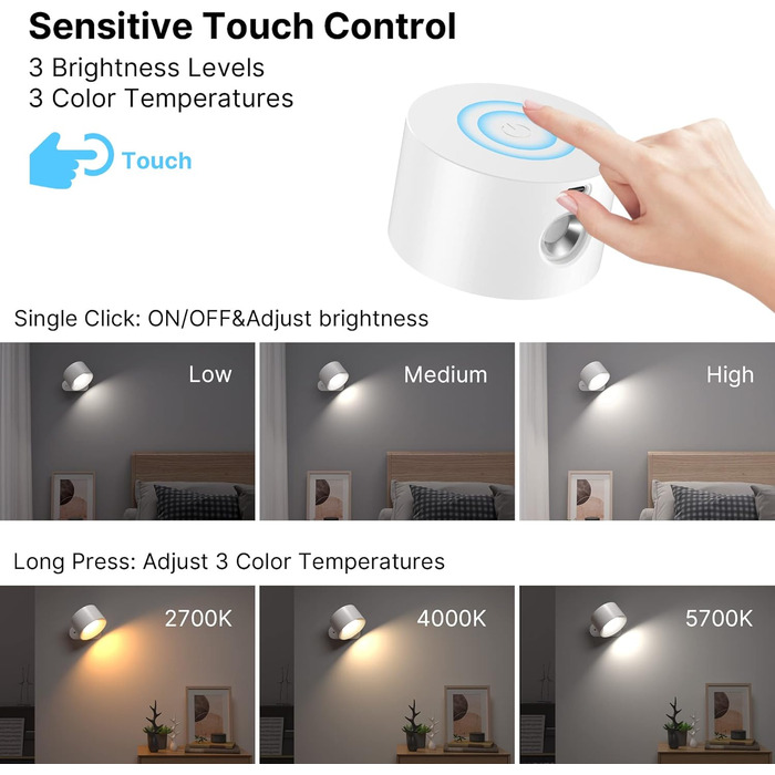 LED настінне освітлення Mexllex: 2 шт., USB-зарядка, 3 кольори, 3 режими яскравості, 360° поворот, сенсорне керування, бездротове, білий