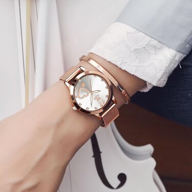 Годинник жіночий OLEVS Roségold: стильні годинники з нержавіючої сталі з мережевим ремінцем, водонепроникні, з діамантовим серцем (білий циферблат/рожеве золоте браслет)