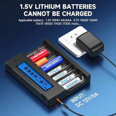 Інтелектуальна зарядка для акумуляторів 18650 з LCD-дисплеєм - 8 слотів, універсальна, з функцією розряду, для 18650, 26650, 16340, 21700, 14500, 17500, CR123A, AA/AAA