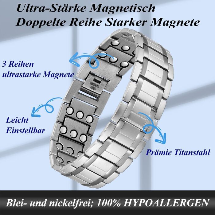 Браслет для лімфодренажу з магнітами для чоловіків, титан, регульований, з інструментом для зняття та подарунковою коробкою (Чорний) (3 ряди срібла)