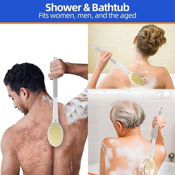 Щітка для спини Elzle Duschbürste: Масажна щітка для тіла з довгим руків'ям, 44 см, для пілінгу та видалення омертвілої шкіри, сірий колір