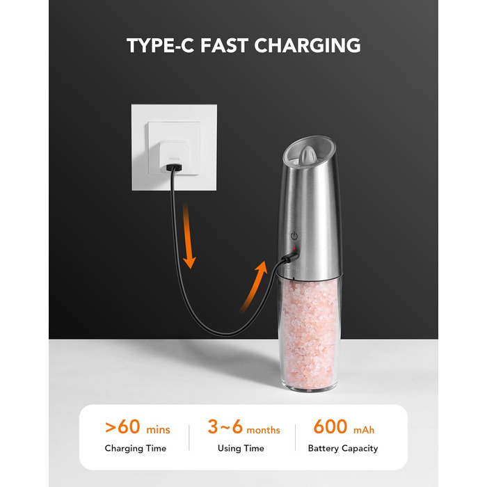 Електрична млинка для перцю та солі FORLIM, USB заряджання, 9oz, з LED-підсвіткою, регульований помел, автоматична, з нержавіючої сталі, срібляста