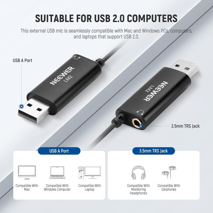 Мікрофон NEEWER USB LM2: Мініатюрний петличний мікрофон з кабелем 3,5м для ПК, ноутбука, Mac, YouTube, Skype, Podcast, Gaming, відеоконференцій