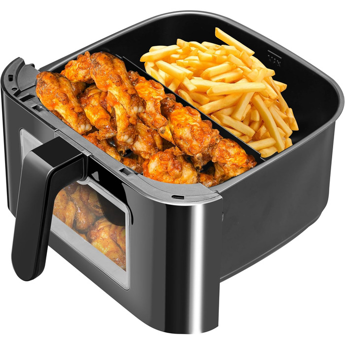 Фритюрниця повітряна LEHMANN з 2 камерами, 2400 Вт, AirFryer XXL, 12 програм, до 200°C, WiFi, 8л, чорний колір, з оглядовим вікном