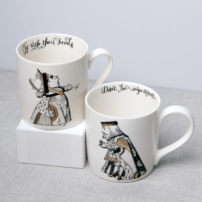 V&A Alice in Wonderland Mug Set in Gift Box, King and Queen of Hearts, Fine Porcelain, 350 ml, 2 Pieces, White/Black/Gold C00047